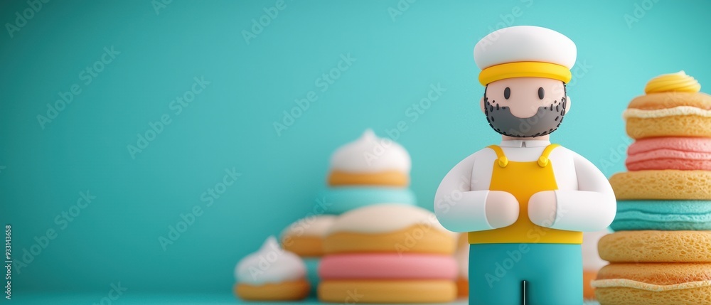 Poster whimsical cartoon bakery scene with colorful pastries and animated bakers - selective focus with cop
