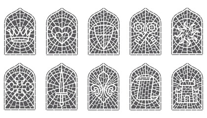 Church glass windows. Gothic vector arch frame with medieval symbols. Vintage architecture elements. Stained mosaic decoration set with crown, heart, shield and sword