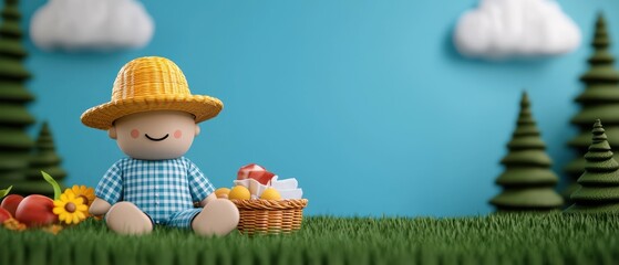 Happy Cartoon Character Having a Vibrant Picnic in a Lively Park - with Selective Focus, Copy Space, Grunge Splash Dust