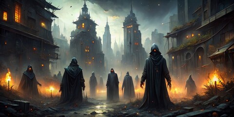 Darkness envelops sinister entities emerging from abandoned cityscapes