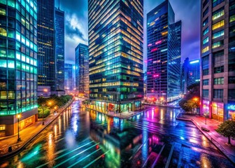 Fototapeta premium Moody nocturnal cityscape of angular high-rise office buildings with neon lights casting colorful shadows on rain-soaked streets in vibrant urban nightscape