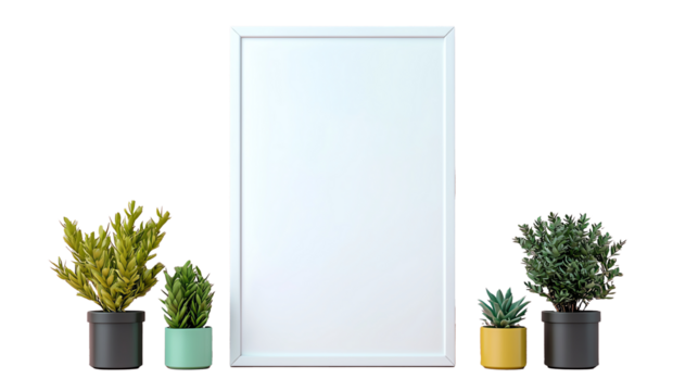 White poster frame on  on transparent background surrounded by small plants