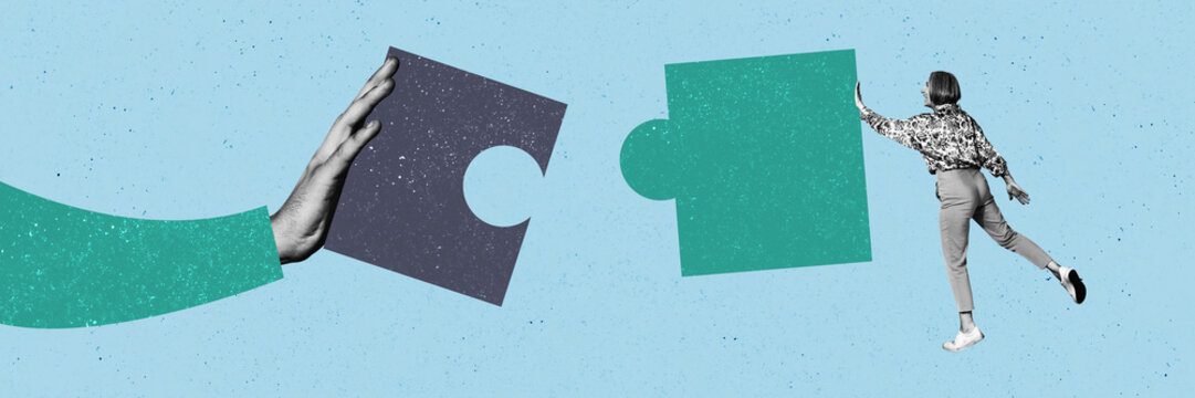 Creative panoramic mature woman project manager put together complete puzzle two fragments pieces drawing background solution