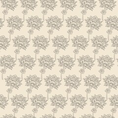 Seamless pattern in Asian style. Fantasy linear plants on a colored background, stylized as Chinese, Japanese, Korean ornament. Vintage themed digital illustration for branding, posters, invitations