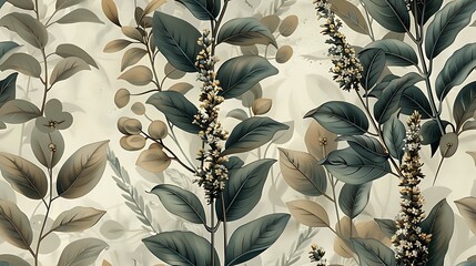 A continuous pattern of mystical plants, including sage, lavender, and eucalyptus, designed for seamless wallpaper with a vintage flair, soft purple and green tones, intricate details,
