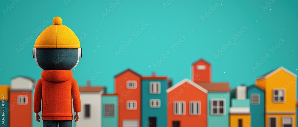 Poster cartoon character on vibrant scavenger hunt in animated town - with selective focus and copy space f