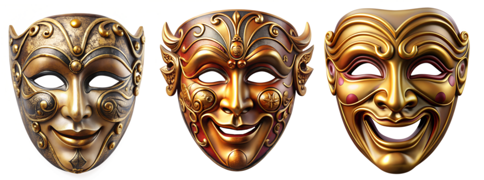 Nabob of theatrical, smiling masks on transparent background. The concept of play, laughter and theater.