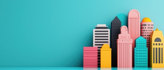 Obraz premium Bustling Cartoon Cityscape with Colorful Characters and Stories, Selective Focus on Copy Space - Grunge Splash