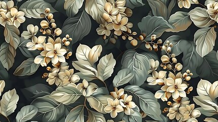 A continuous pattern of vintage vines, including ivy, honeysuckle, and wisteria, designed for seamless wallpaper with a vintage flair, deep green and lavender tones, intricate details,