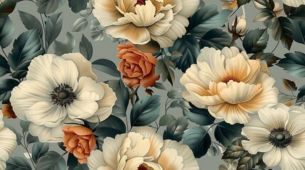Bohemian bouquet seamless wallpaper design, with hand-drawn vintage illustrations of peonies, roses, and dahlias, soft pastel color palette, romantic and elegant backdrop, intricate details,