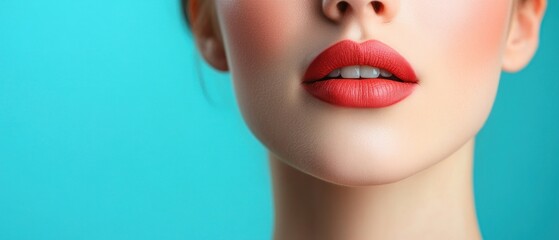 Close-up of Woman's Lips with Red Lipstick Against Turquoise Background