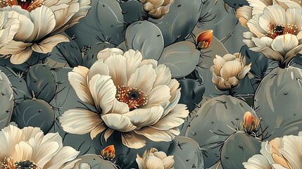 Bohemian seamless wallpaper featuring blooming desert cacti with vibrant flowers, hand-drawn in vintage style, soft, earthy colors, intricate details, natural light effect, hd quality.