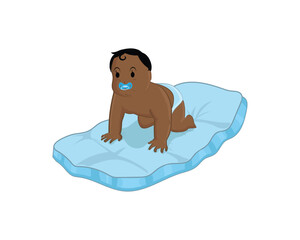 vector design of a baby using a toothless pacifier crawling on a blue mattress