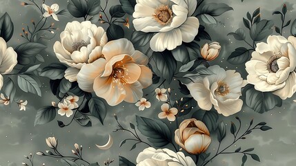 Bohemian seamless wallpaper featuring ethereal celestial garden elements like moonflowers, jasmine, stars, and crescent moons, hand-drawn in vintage style, soft, glowing colors, intricate details,