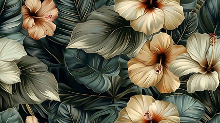 Bohemian seamless wallpaper featuring exotic flowers like hibiscus, bird of paradise, and orchids, hand-drawn in vintage style, soft, earthy colors, intricate details, natural light effect,