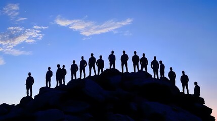 Labor Day Team Solidarity, Silhouetted Men on Rocks, Dusk Sky Harmony, Corporate Culture Conceptual Art