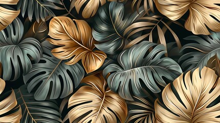 Bohemian seamless wallpaper featuring lush tropical foliage like palm leaves and monstera, hand-drawn in vintage style, soft, earthy colors, intricate details, natural light effect, hd quality.