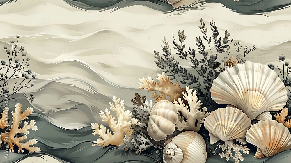 Wall mural bohemian seamless wallpaper featuring ocean elements like seaweed, coral, and shells, hand-drawn in 