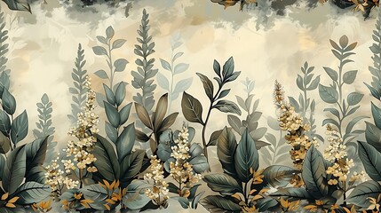 Bohemian seamless wallpaper featuring rustic illustrations of herbs like rosemary, sage, and thyme, hand-drawn in vintage style, soft, earthy colors, intricate details, natural light effect,