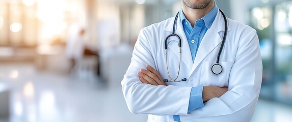 A confident doctor wearing a white coat and carrying a stethoscope stands in the background of the ward, ready to provide assistance to patients at any time. Medical website banner template