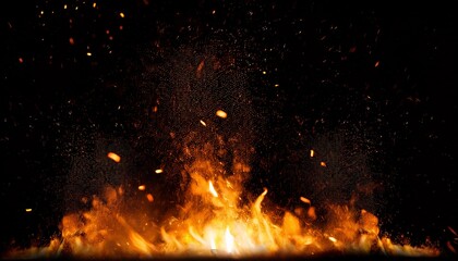 Fire embers particles over black background. Fire sparks background. Abstract dark glitter fire particles lights. bonfire in motion blur.
