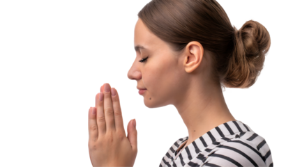 female hands praying on a white isolated background. Generative AI.