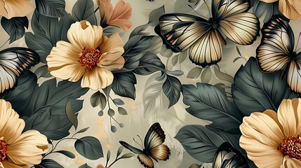 Bohemian seamless wallpaper showcasing vintage botanical illustrations of butterflies and blooming flowers, set against a muted pastel background, intricate hand-drawn details, whimsical and charming,