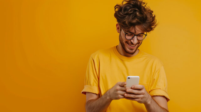 Portrait of a happy man with a phone in his hands on a bright yellow background. A young man works on a smartphone wearing a bright T-shirt indoors.