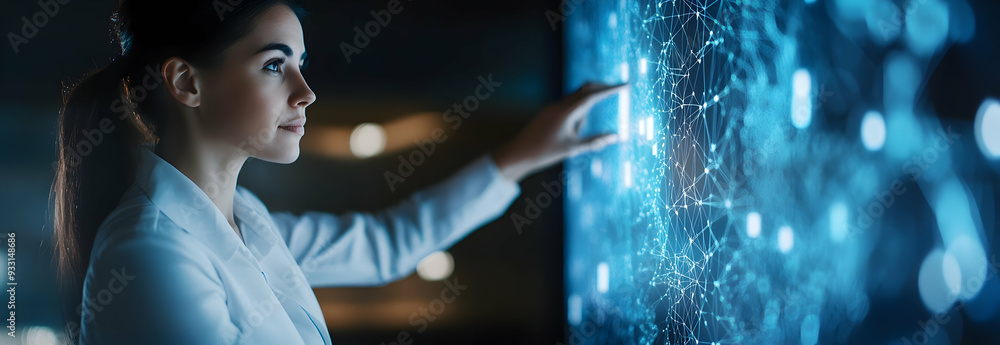 Poster cyber security and data protection. businesswoman using modern screen computer protecting business a