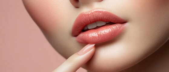 Fototapeta premium Close-up of a woman's lips with glossy pink lipstick and a finger touching them