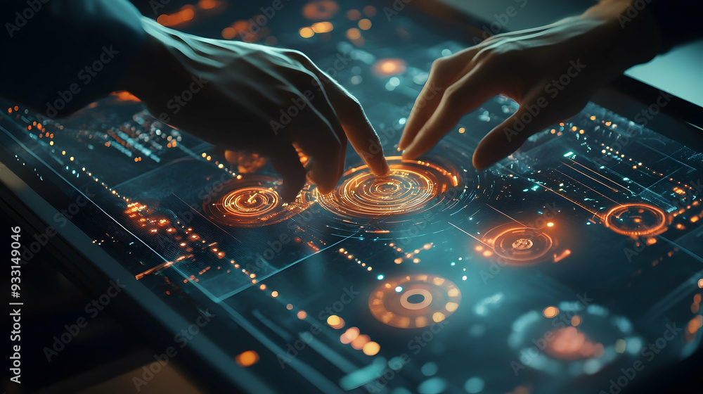 Poster data science and big data technology. big data analytics visualizing complex data set on touchscreen