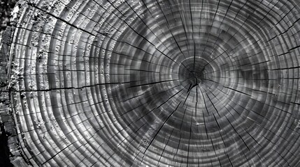 Warm gray cut wood texture. Detailed black and white texture of a felled tree trunk or stump. Rough organic tree rings with close up of end grain. 