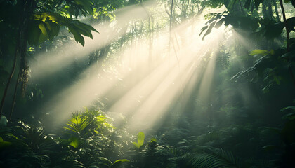 Obraz premium Dense Jungle with Sunbeams Breaking Through, ultra-realistic, high resolution,
