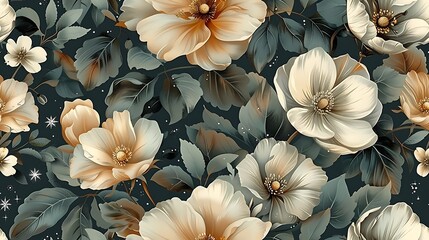 Celestial garden seamless wallpaper design, with hand-drawn vintage illustrations of moonflowers, jasmine, stars, and crescent moons, deep blue and silver tones, mystical night sky backdrop,