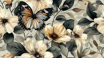 Continuous pattern of butterflies and flowers, showcasing intricate details of fluttering butterflies among lush blossoms and leafy branches, soft pastel tones, seamless design, natural lighting,