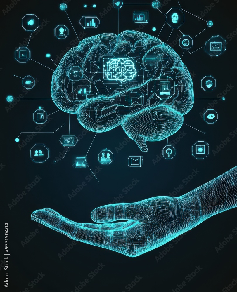 Poster digital hand presenting holographic icons representing artificial intelligence and technology advanc