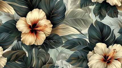 Continuous pattern of tropical flowers, showcasing hibiscus, bird of paradise, and orchids with intricate details, deep and vibrant tones, and a warm, vintage-inspired backdrop, seamless design,