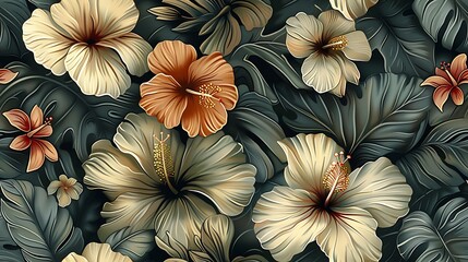 Continuous pattern of tropical flowers, showcasing hibiscus, bird of paradise, and orchids with intricate details, deep and vibrant tones, and a warm, vintage-inspired backdrop, seamless design,