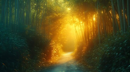 Sunlit Path Through Bamboo Forest Illustration