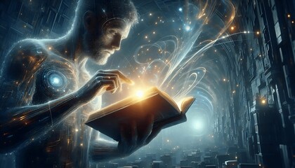 a person imbibing knowledge from a glowing book