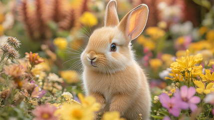 Fototapeta premium A tiny fluffy baby rabbit hopping through a garden