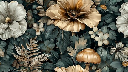 Continuous pattern of woodland wonders, showcasing mushrooms, ferns, and forest flowers with intricate details, deep green and earthy tones, and a warm, natural backdrop, seamless design,