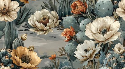 Desert blooms seamless wallpaper design, with hand-drawn vintage illustrations of cacti in bloom with vibrant flowers, earthy desert tones, soft sandy backdrop, intricate details, natural and vibrant,