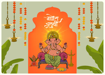 Happy Ganesh Chaturthi Marathi, Hindi Calligraphy with Ganesha vector illustration and traditional background, Ganesh Chaturthi social media banner design, Invitation card template  