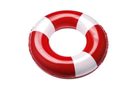Red and white inflatable lifebuoy ring floating isolated PNG cutout transparent background