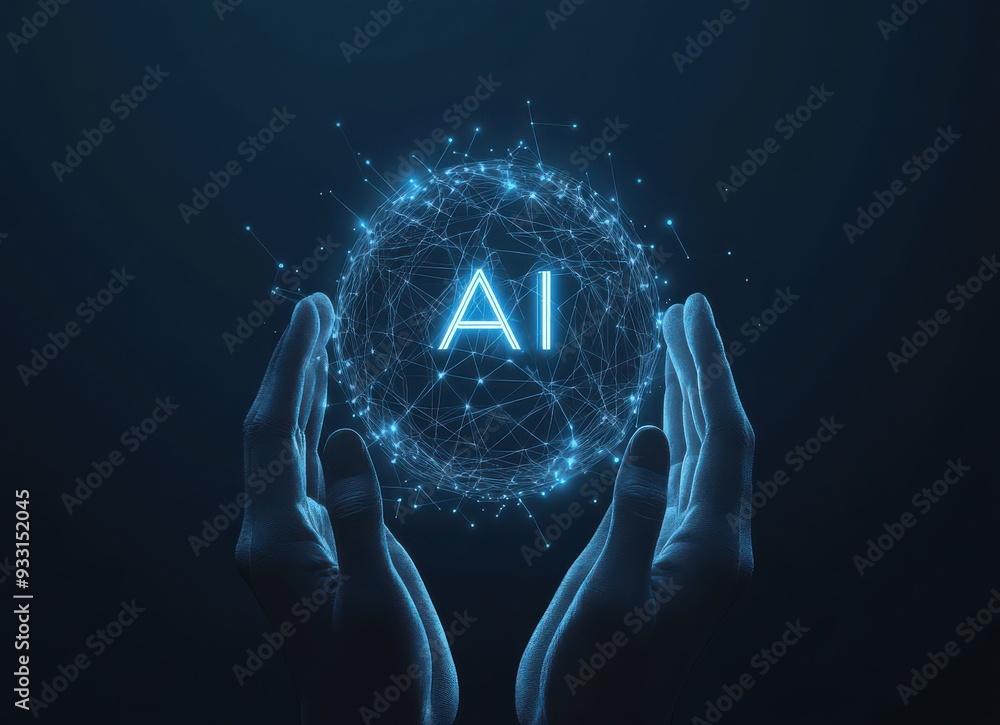 Poster digital illustration of ai concept with glowing network sphere held by hands, symbolizing technology