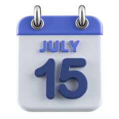 15th July Calendar Icon 3D Render