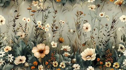 Meadow magic seamless wallpaper design, with hand-drawn vintage illustrations of grasses, wildflowers, and butterflies, soft green and floral tones, pastel backdrop, intricate details,