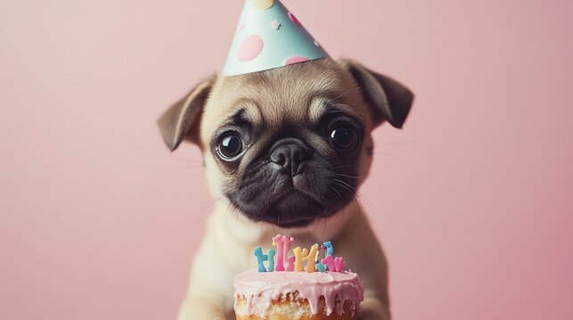 Cute pug puppy wearing a birthday hat and holding a cake
