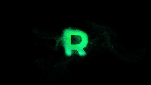 Animation of Green Letter R with green particles and alpha channel, green alphabet.